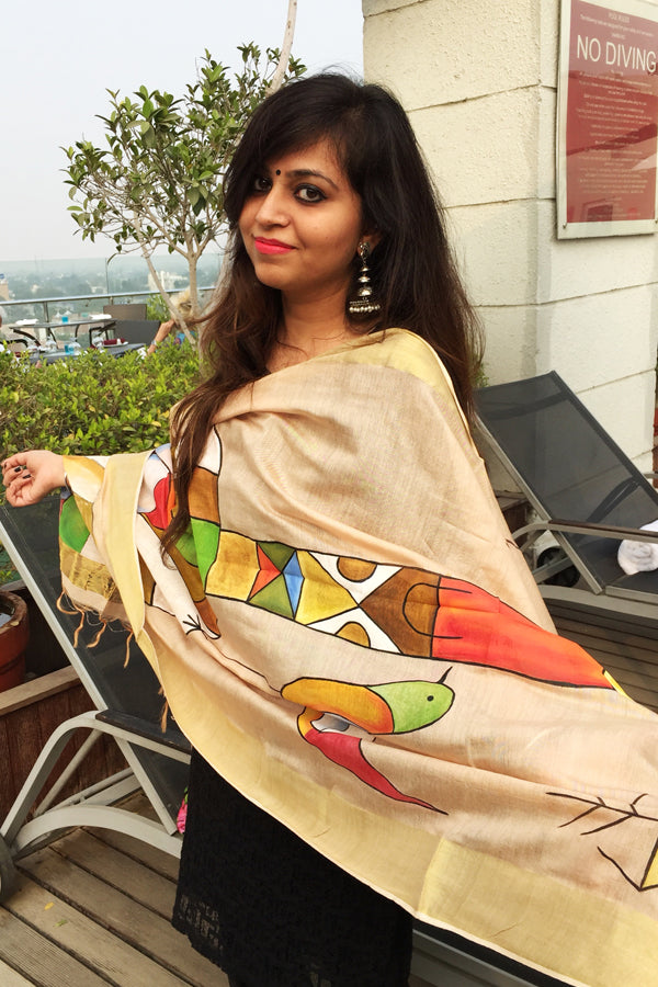 Cream Chanderi Modern Art Hand-painted Stole