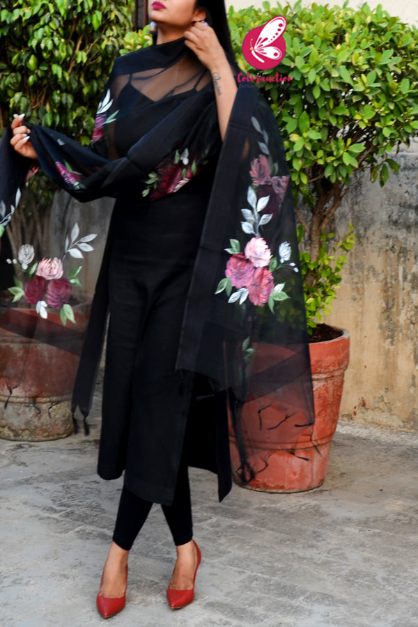 Black Organza Multocoloured Floral Hand painted Stole