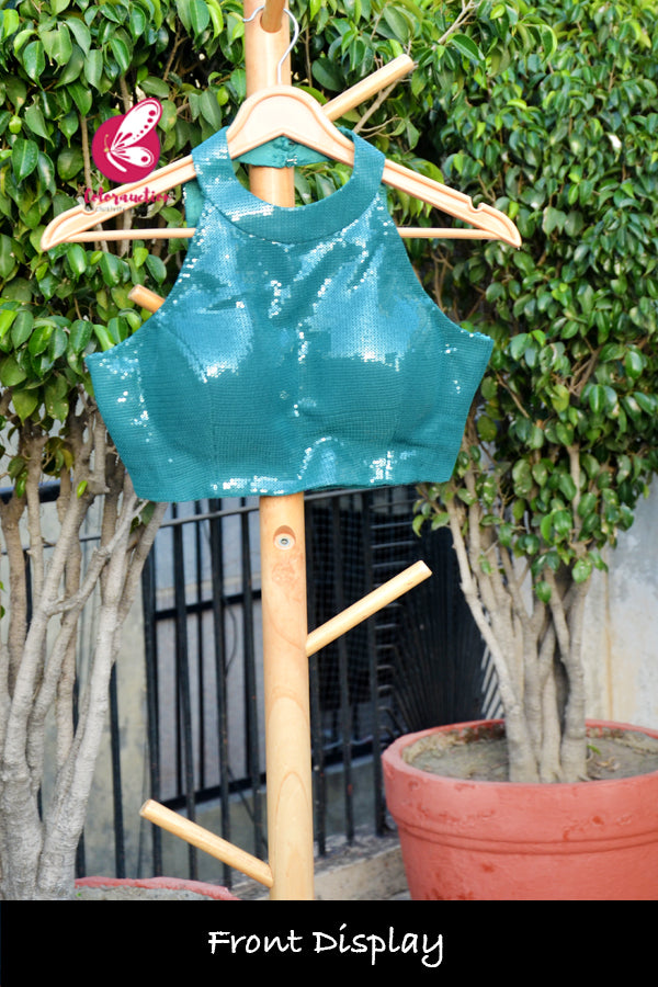 Teal Sequins Backless Blouse