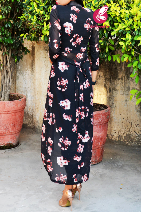 Black Printed Georgette Front Slit Quarter Sleeves Kurti