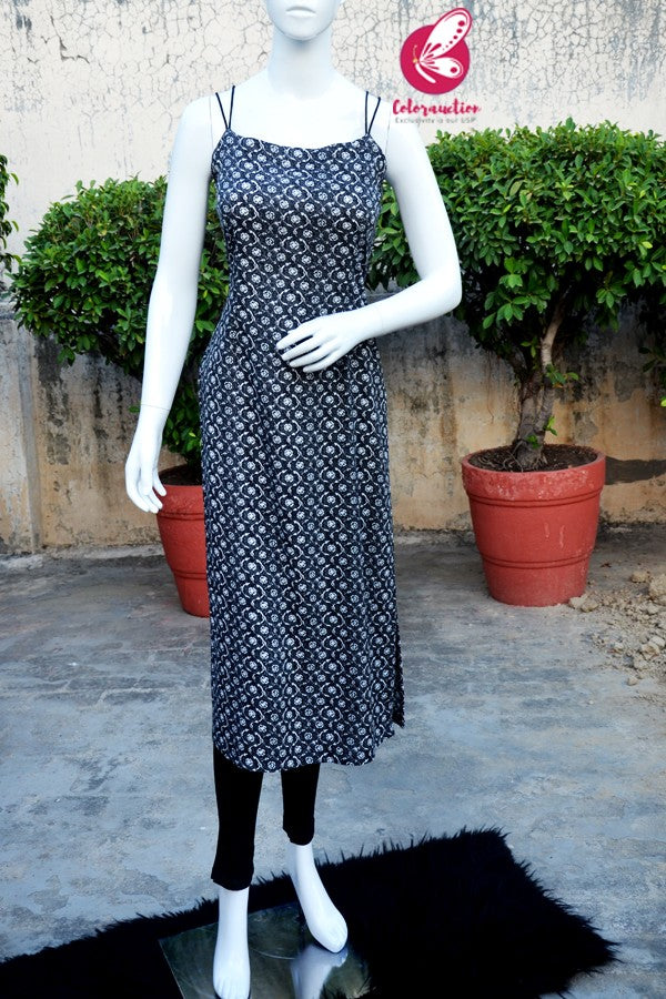 Black &amp; White Printed Rayon Strappy Straight Fit Kurti