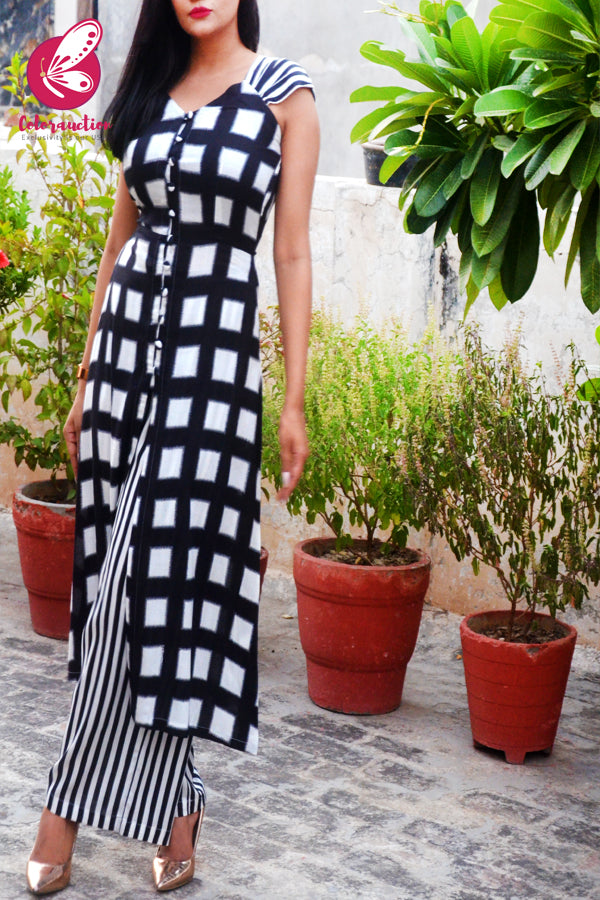 Black &amp; White Printed Rayon Kurti Set