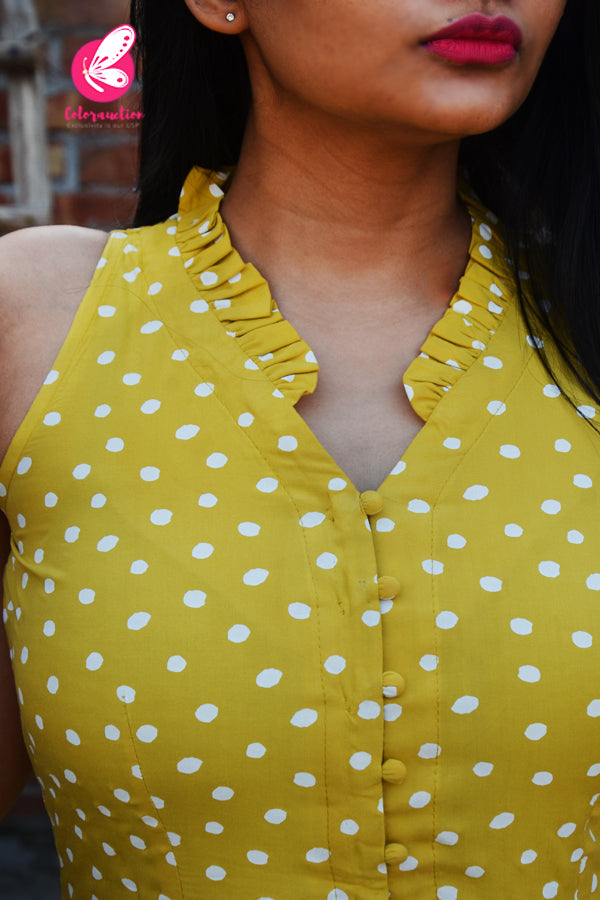 Mustard Yellow Rayon Polka Dots Front Slit Sleeveless Kurti