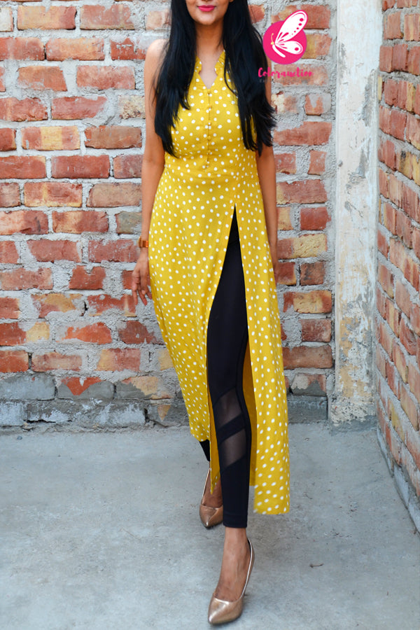 Mustard Yellow Rayon Polka Dots Front Slit Sleeveless Kurti