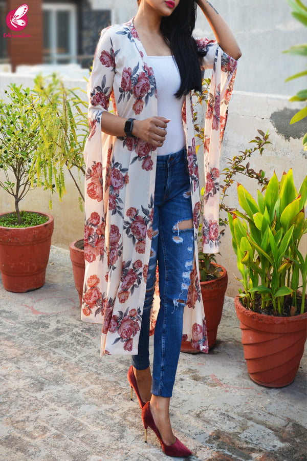 Light Cream Crepe  Printed Floral Shrug