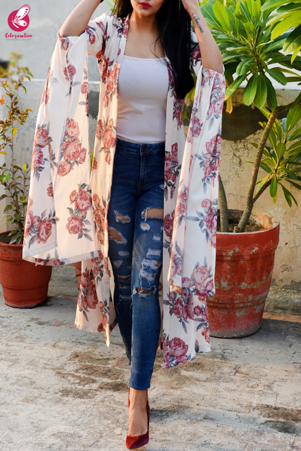 Light Cream Crepe  Printed Floral Shrug