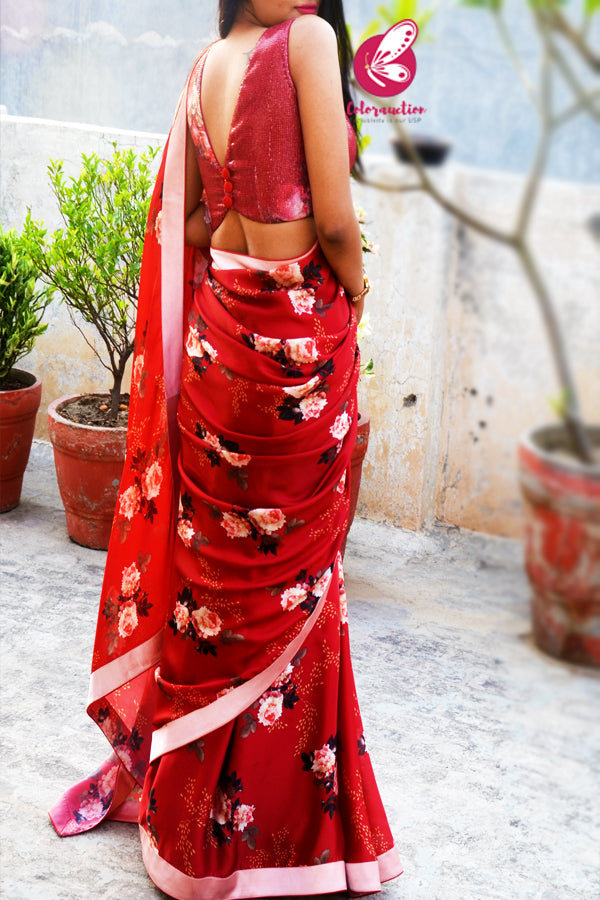 Maroon Red Printed Floral Motifs Satin Saree