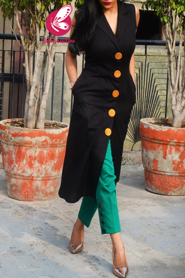 Black Dobby Sleeveless Kurti with Green Cotton Silk Pants Kurti Set