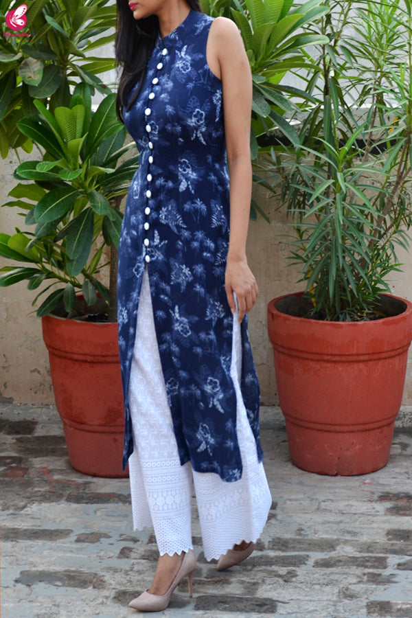 Blue Tropical Print Modal Rayon Kurti with White Chikankari Full Lining Cotton Palazzo