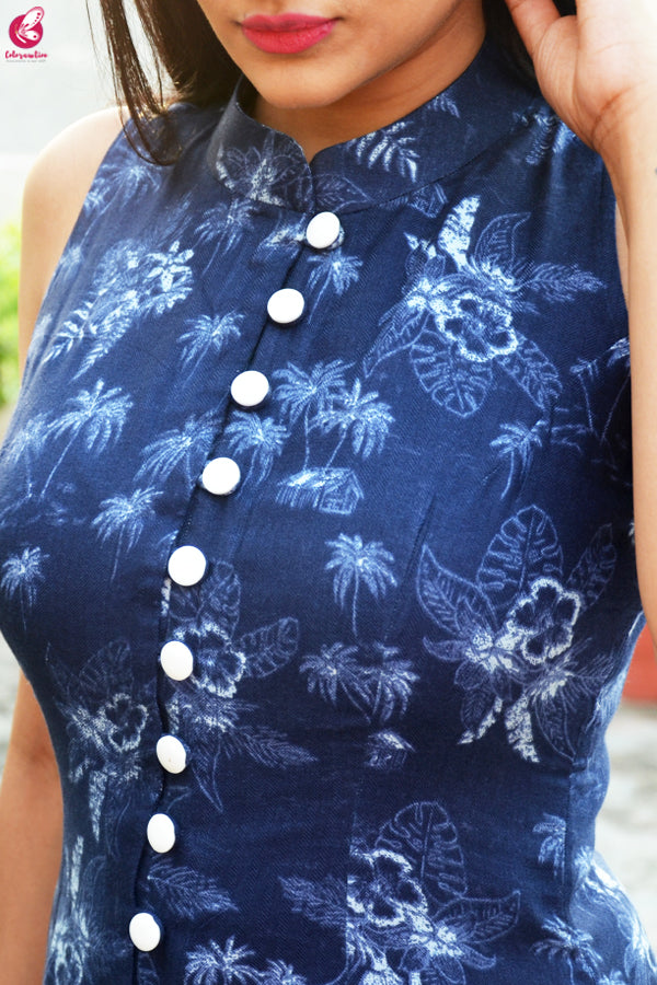Blue Tropical Print Modal Rayon Kurti with White Chikankari Full Lining Cotton Palazzo