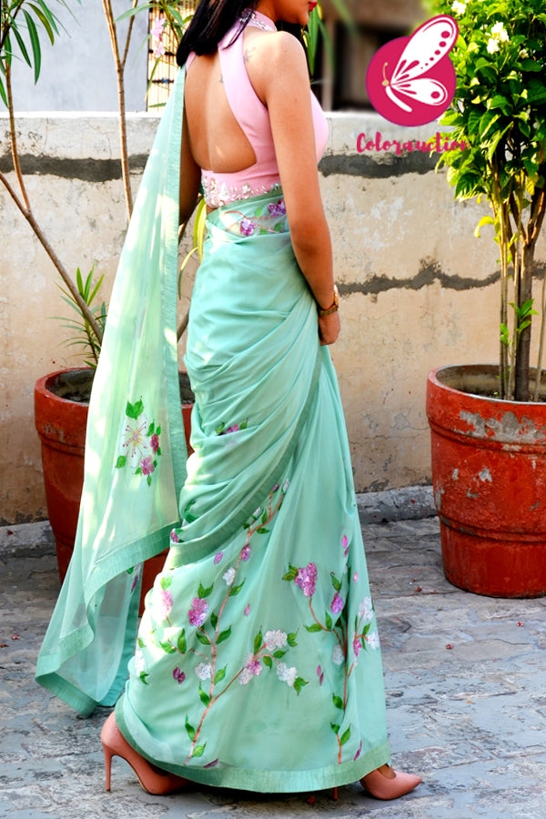 Pistachio Green Pure Silk Chiffon Handpainted Saree