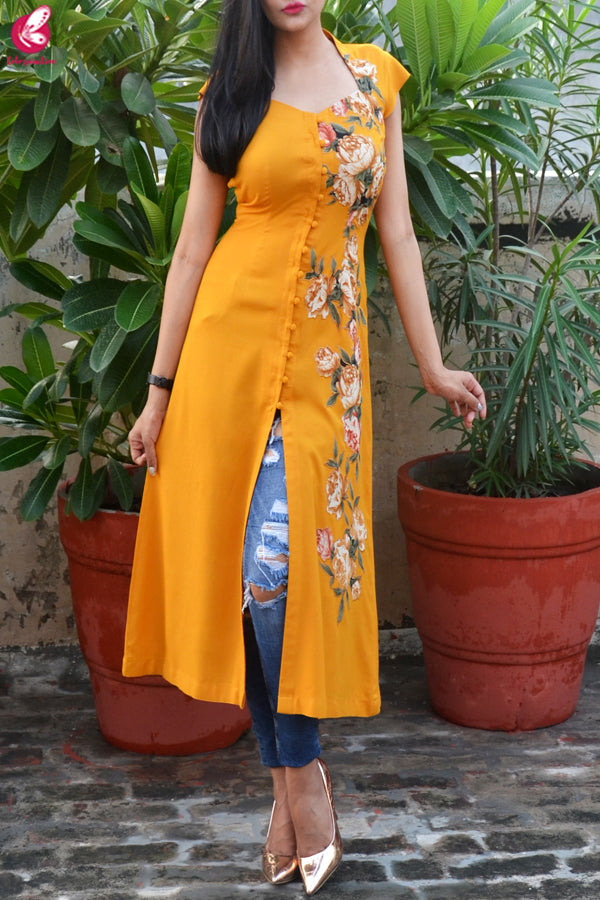 Mustard Modal Rayon Cap Sleeves Patch Work Kurti