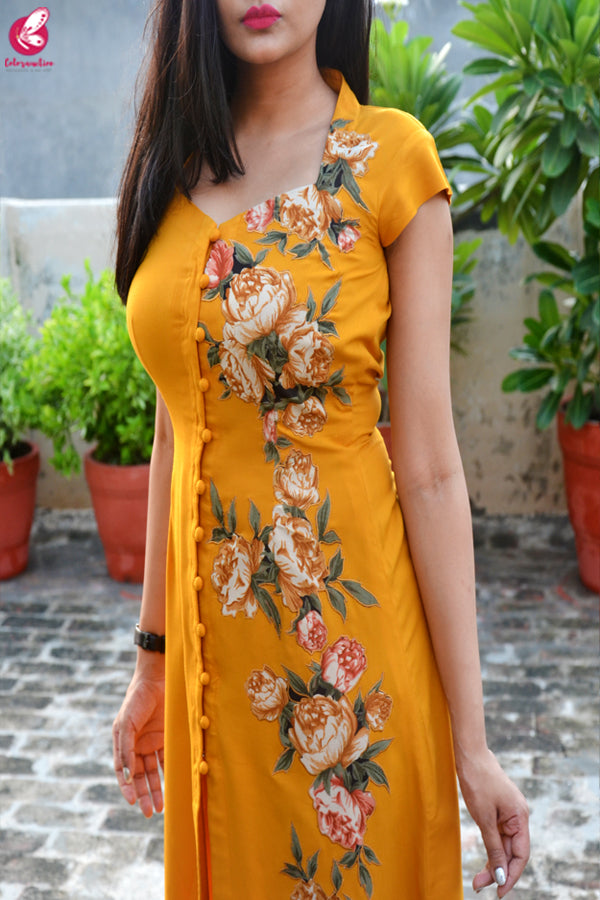 Mustard Modal Rayon Cap Sleeves Patch Work Kurti