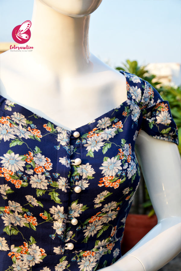 Navy Blue Printed Floral Kurti With White Cotton Silk Pants