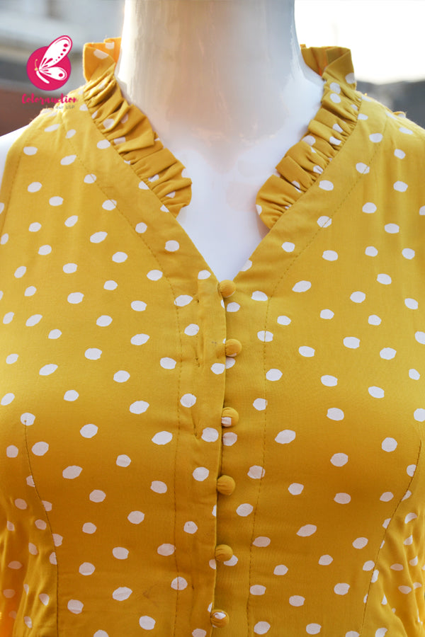 Mustard Yellow Printed Frill Kurti With White Cotton Silk Pants