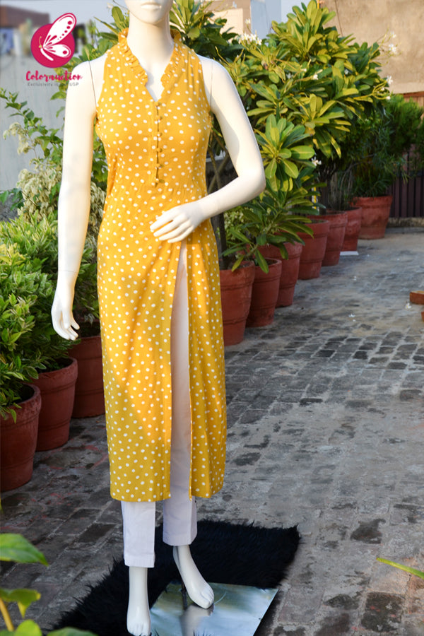 Mustard Yellow Printed Frill Kurti With White Cotton Silk Pants