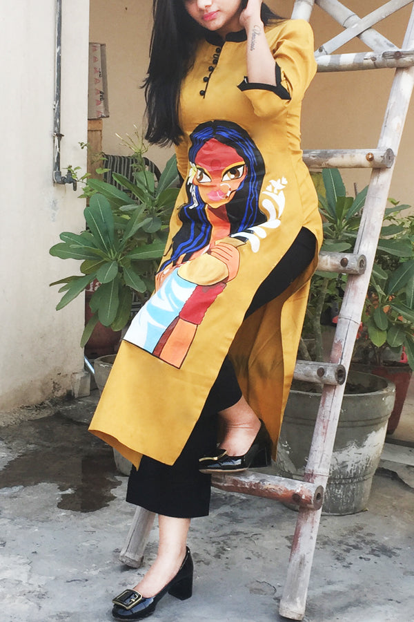 Mustard Glace Cotton Handpainted Kurti