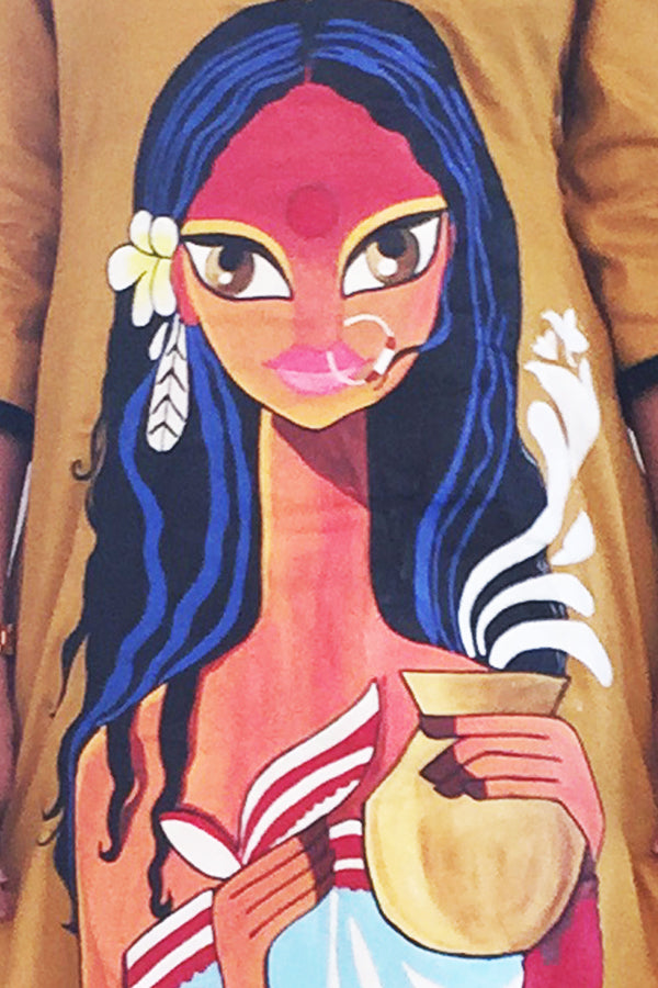 Mustard Glace Cotton Handpainted Kurti