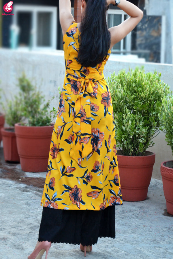Mustard Yellow Printed Crepe Sleeveless Kurti with Front Slit