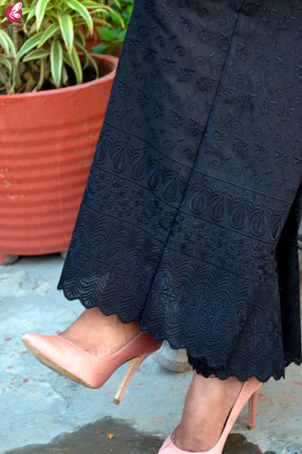 Mustard Yellow Printed Crepe Kurta with Black Lakhnawi Palazzo