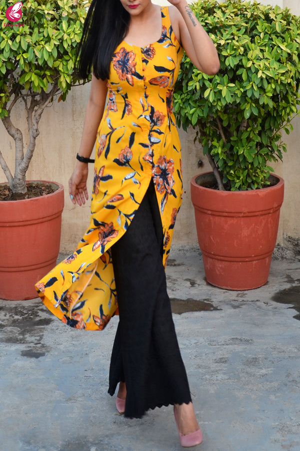 Mustard Yellow Printed Crepe Kurta with Black Lakhnawi Palazzo