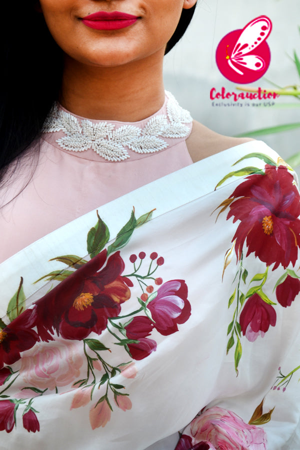 White Hand-painted Viscose Crepe Saree