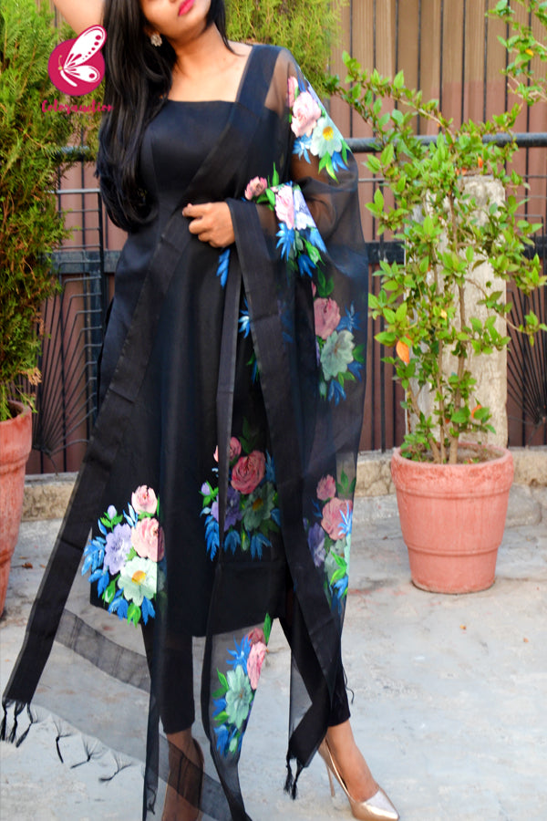 Black Multicoloured Floral Pure Organza Stole