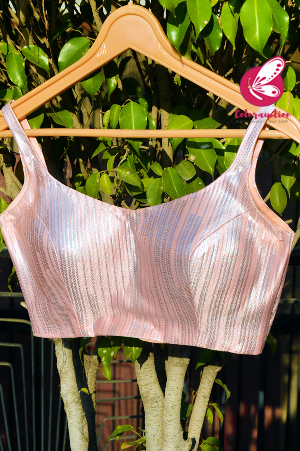 Peach-Pink &amp; Silver Crepe Padded Strappy Backless Blouse