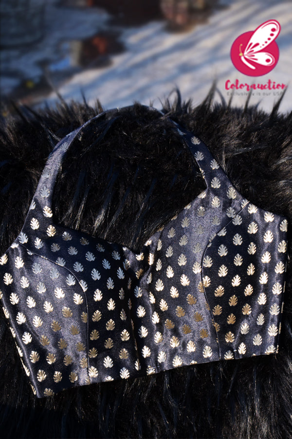 Black &amp; Golden Motifs Brocade Halter Neck Padded Backless Blouse