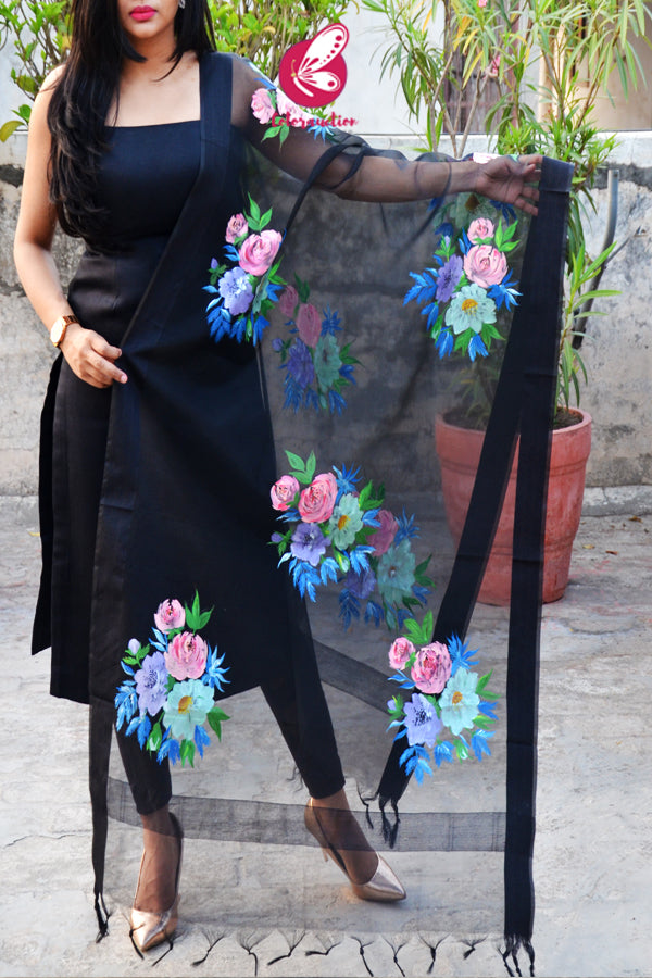 Black Multicoloured Floral Pure Organza Stole