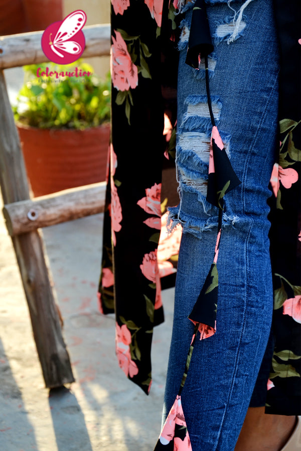 Black Printed Crepe Neon Pink Floral Long Shrug