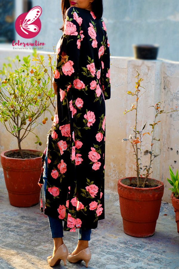 Black Printed Crepe Neon Pink Floral Long Shrug
