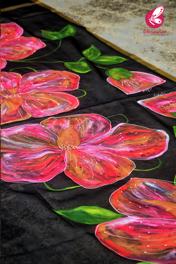 Black Pure Organza Pink Hibiscus Hand painted Stole