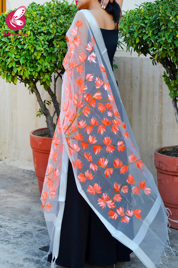 White Organza Hand-painted Neon Orange Stole
