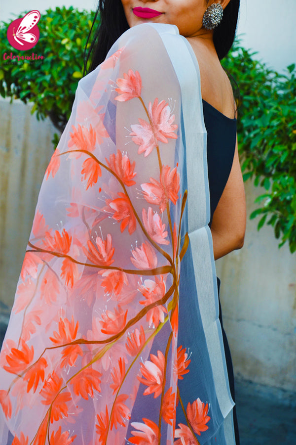 White Organza Hand-painted Neon Orange Stole