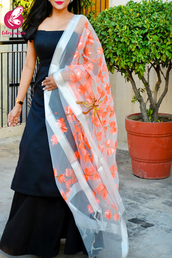 White Organza Hand-painted Neon Orange Stole