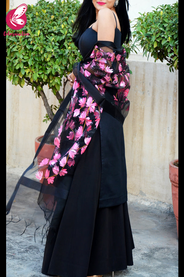 Black Organza Handpainted Neon Pink Stole