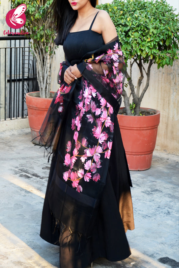 Black Organza Handpainted Neon Pink Stole