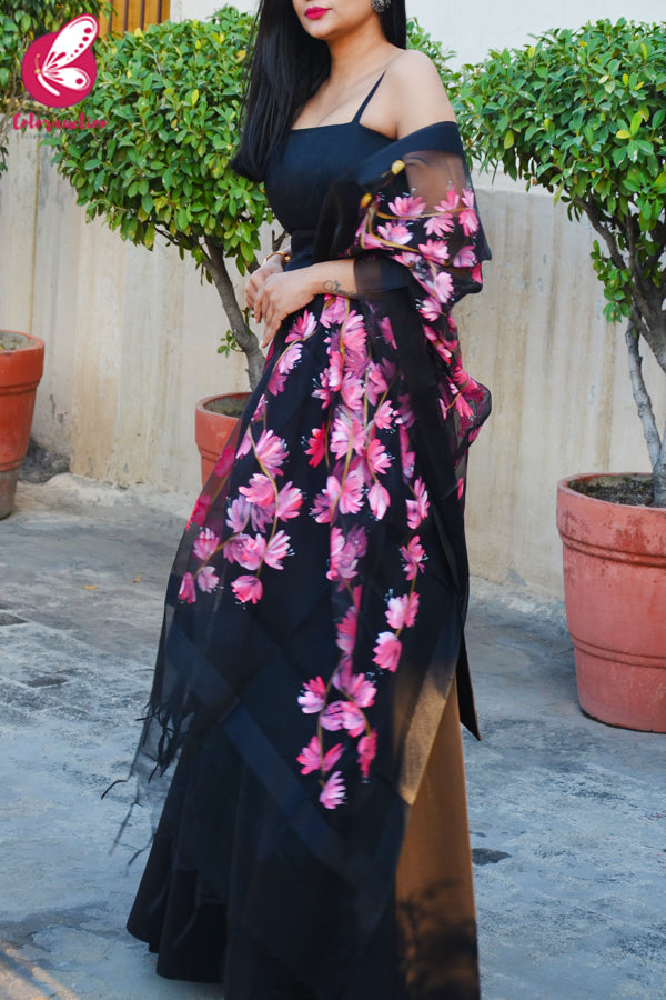 Black Organza Handpainted Neon Pink Stole
