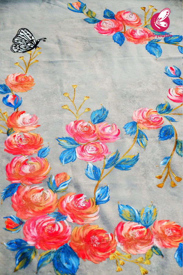 White Organza Hand painted Neon Colorful Floral Butterfly Stole