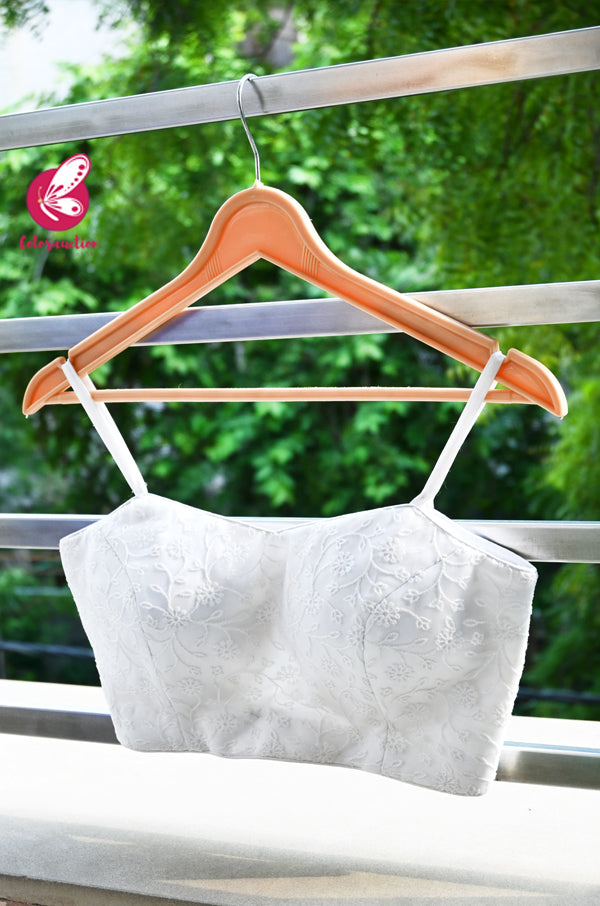 Off White Net Embroidered Padded Strappy Blouse
