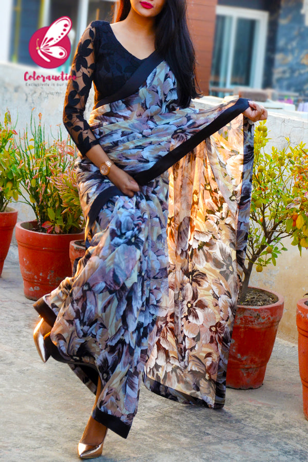 Printed Light Brown Chiffon Black Satin Taping Saree