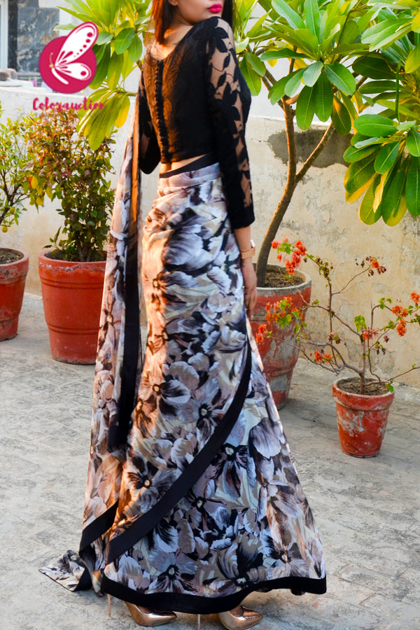 Printed Light Brown Chiffon Black Satin Taping Saree