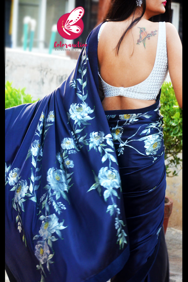 Blue Roses Hand-painted Satin Dupion Taping Saree
