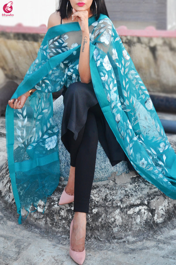 Teal Green Organza Handpainted Multicoloured Floral Stole
