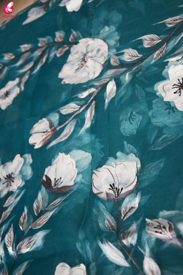 Teal Green Organza Handpainted Multicoloured Floral Stole