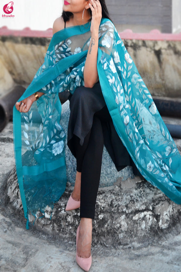 Teal Green Organza Handpainted Multicoloured Floral Stole