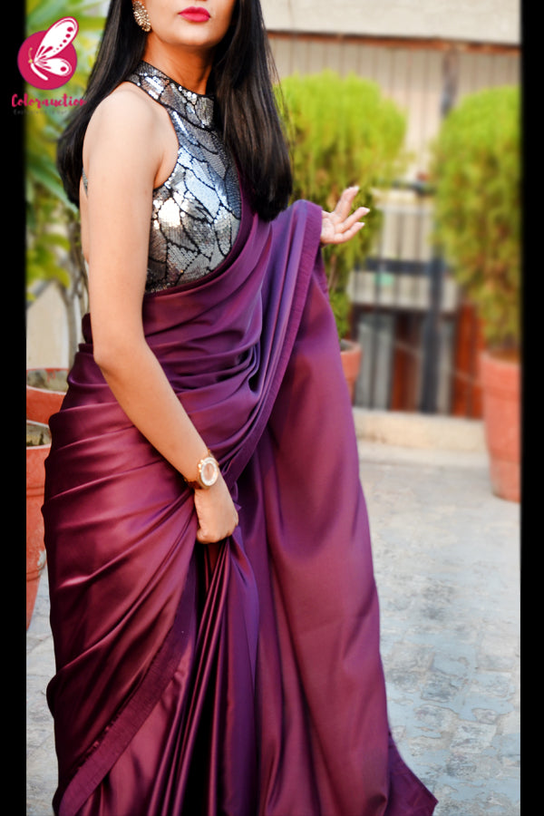 Wine Satin Dupion Silk Taping Saree