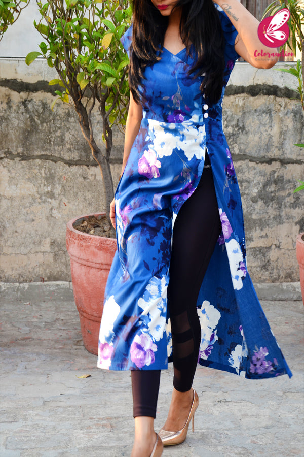 Blue &amp; White Printed Cotton Silk Sleeves Kurti