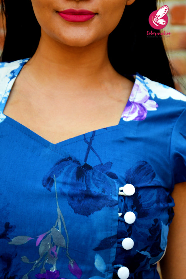 Blue &amp; White Printed Cotton Silk Sleeves Kurti